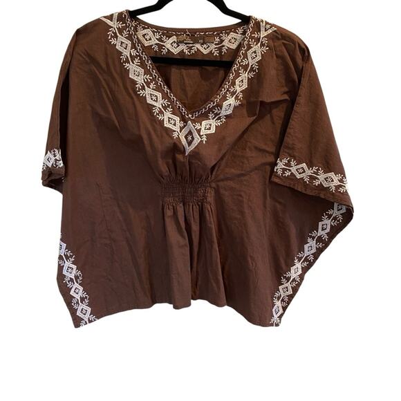 Prana Tops - prAna Brown V-Neck Embroidered Organic Cotton Poncho-Style Top XS